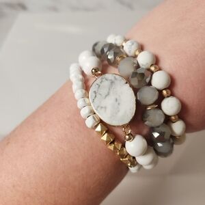 White & Gold Set of Four Wood, Glass, and Natural Stone Beaded Stretch Bracelets